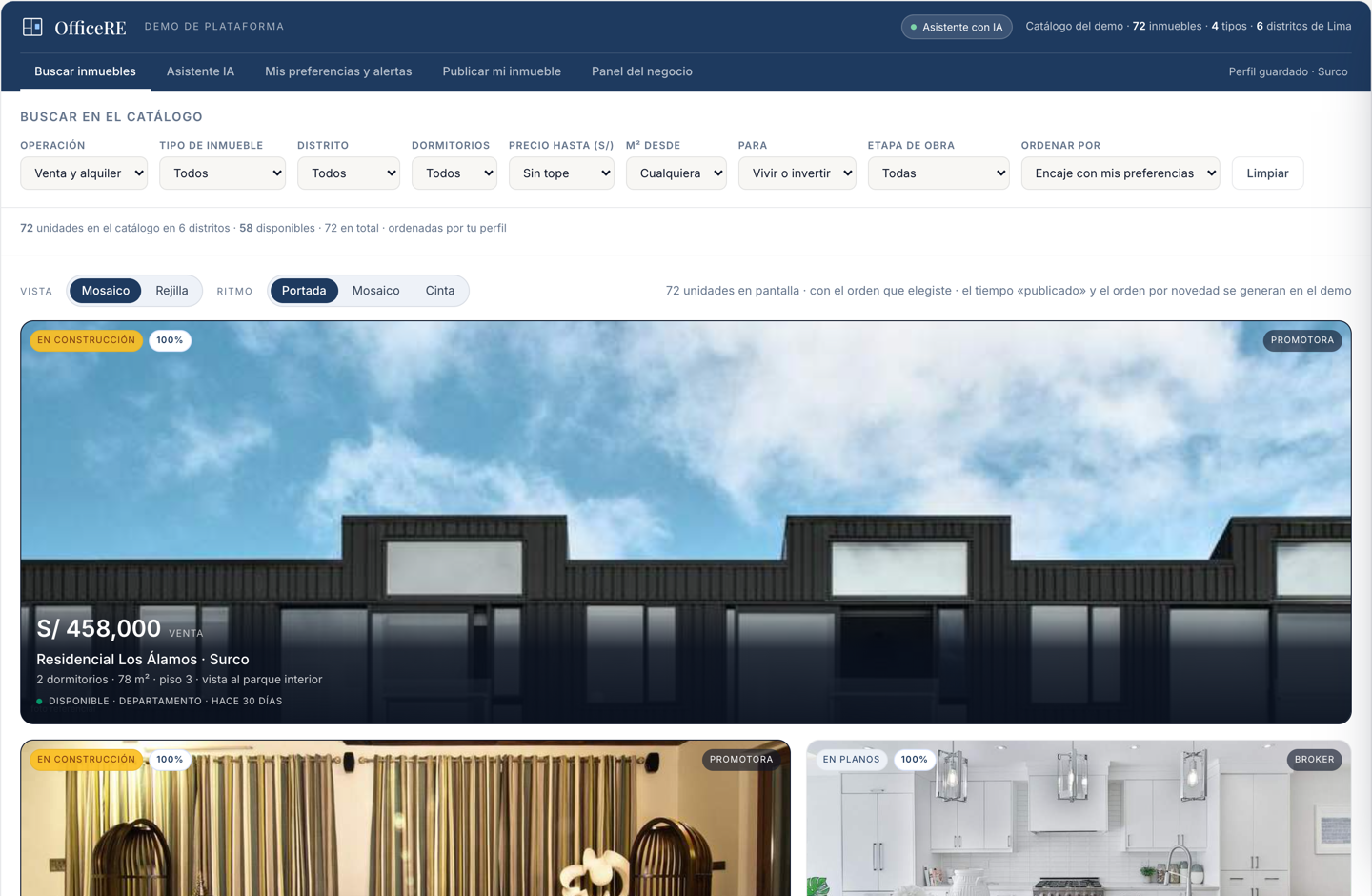 Catálogo de inmuebles con porcentaje de encaje por unidad